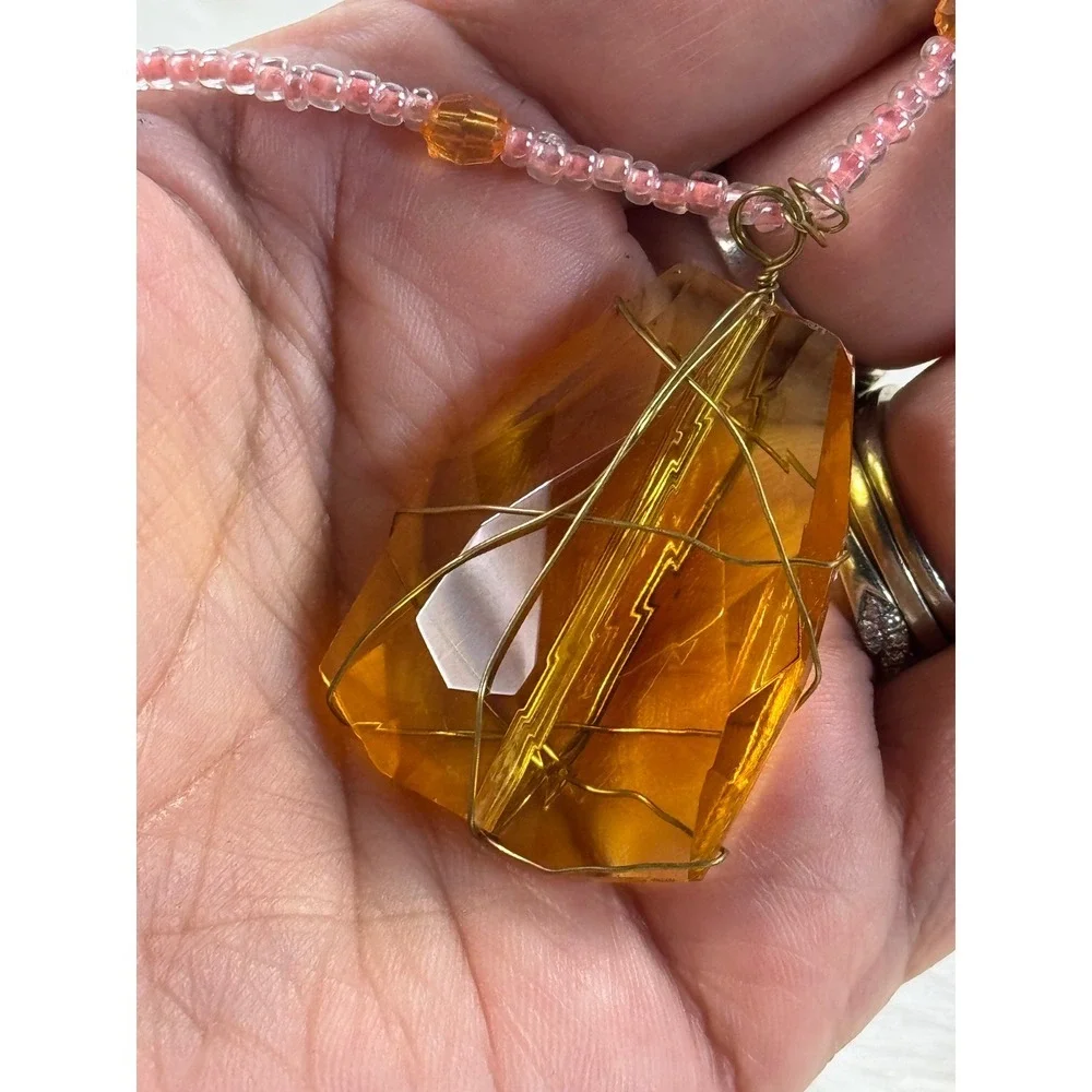 Handmade Amber Crystal‎ Wire Wrapped Beaded Eyeglass Chain Necklace Pink Gold